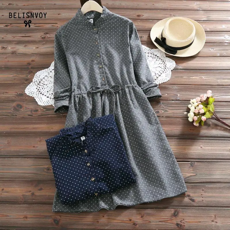 Beste Mori Meisje 2019 Lente Herfst Vrouwen Jurken Stand Kraag Elbise Lange Mouw Vintage Jurk Polka Dot Gedrukt Femininos Vestidos