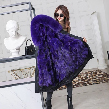 

FURSARCAR 2019 Fashion Real Fox Fur Parka Women Winter Long Coat With Fox Fur Trim Hood And Cuff Casual Warm Purple Fur Parka