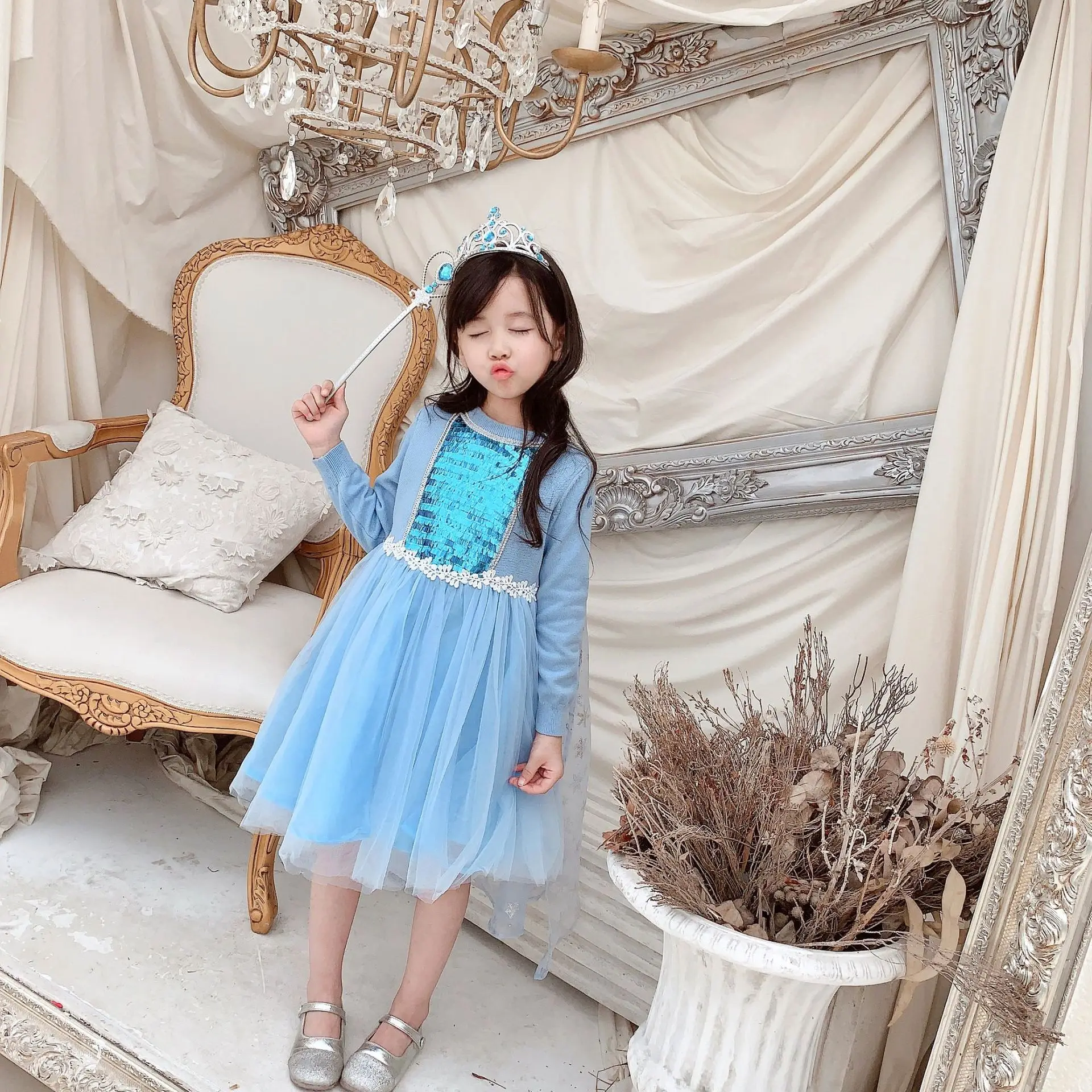 Autumn Winter Girls Long Sleeve Knitting Dress Baby Princess Dress Sweet lovely girl Lace Christmas Dress