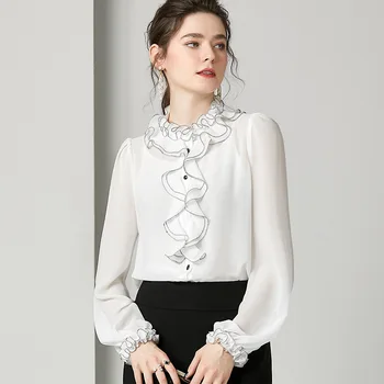 

Elegant Retro Ruffles Silk Blouses Lantern Sleeve Red Shirt Women White Office Ladies Sweet Tops Summer Chiffon Business Clothes