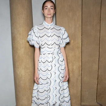 

Gedivoen Summer Fashion Runway Dress Women Short Flare Sleeve Wave Striped Embroidery Bohemian Ladies Slim Midi Dresses