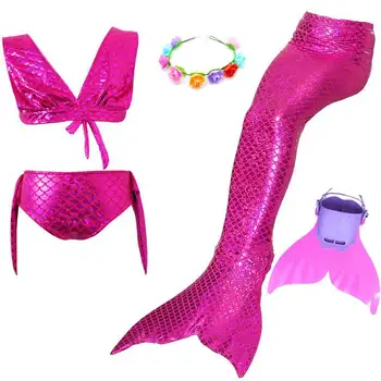 

5pcs Set Mermaid Tail With Monofin Flippers For Girls Children Fancy Beach Clothes Pool Dress Cosplay Bikini Halloween Costum