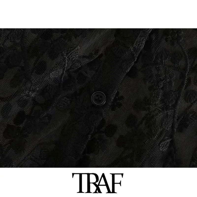 TRAF, женское винтажное шикарное Сетчатое платье-рубашка миди с цветочной вышивкой, Модные прозрачные женские платья с длинным рукавом, vestidos mujer