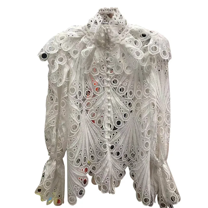 Vintage Hollow Out Polka Dots Shirts Female Turtleneck Flare Long Sleeve Irregular Blouse Women Fashion Clothes New | Женская одежда