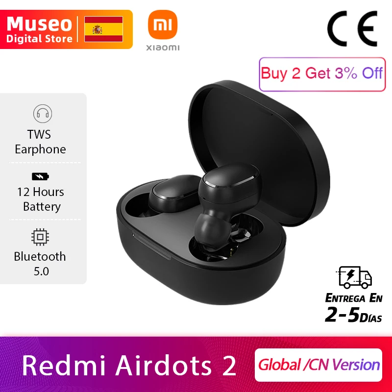 Nuevos auriculares inalámbricos Xiaomi Redmi AirDots 2 Mi True, 2 Bluetooth básicos con auriculares inalámbricos, auriculares TWS Bluetooth 5,0, conexión automática