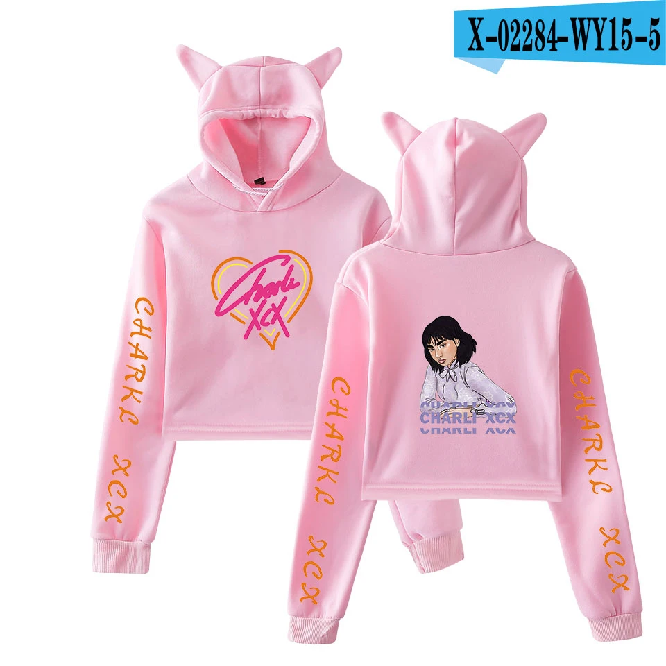 As picture Модные Charli XCX кошачьи уши Повседневные Удобные толстовки с капюшоном для женщин поп кроп топ толстовки женские худи для девочек белые пуловеры толстовка - Цвет: As picture