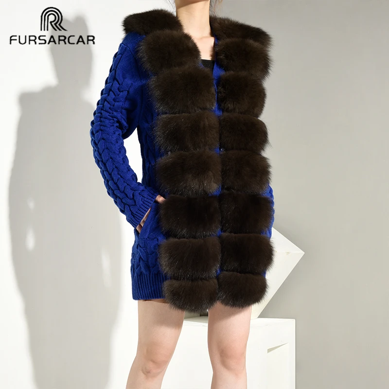 FURSARCAR 3 цвета модные, женские, шерстяные свитер из натурального меха пальто с меховым воротником, с шерстью для вязаное пальто с натуральным мехом, зимняя длинная верхняя одежда