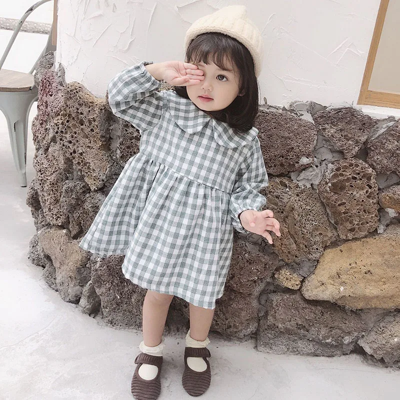 2019 New Product Autumn Winter Casual Grid Turn-down Collar Girls Dress Kids Princess Pure Cotton Long Sleeve Clothes | Детская одежда