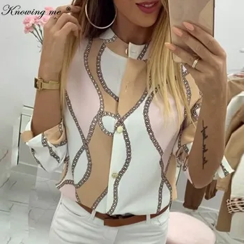 

Knowing me Women Spring Adjustable Sleeve Chains Leisure Top Elegant Pineapple Print Button blouse shirt sexy V-Neck Basic Blusa