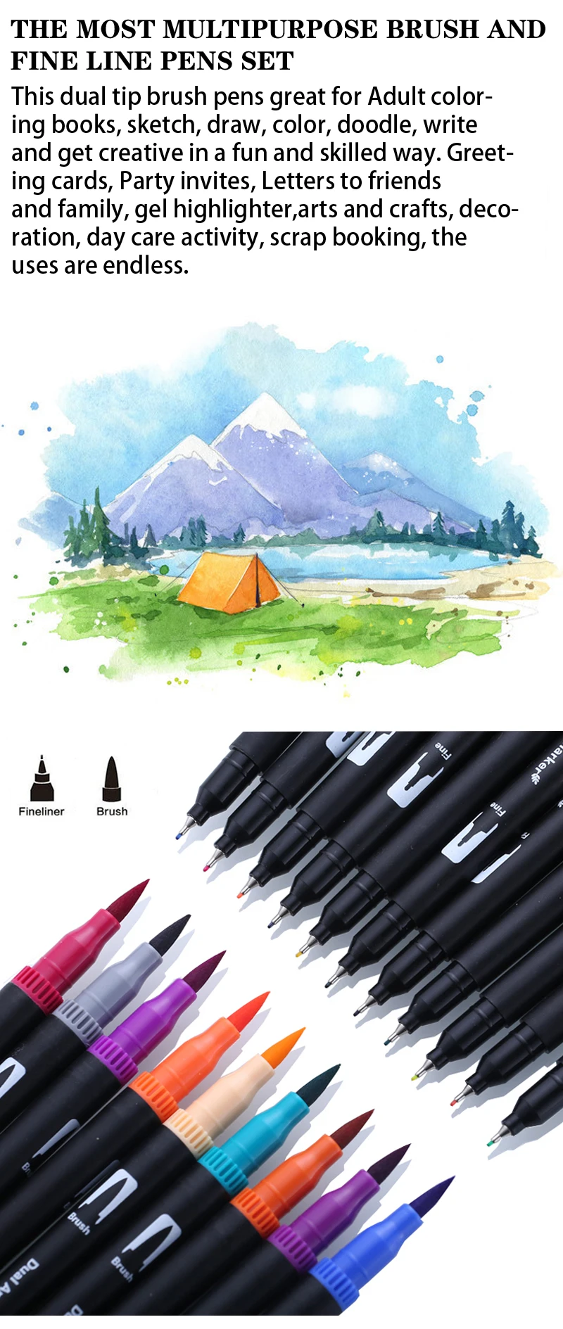 limekuoo 24 colors dual brush pen colored markers pens with 0.4mm  fine-liner tip kids