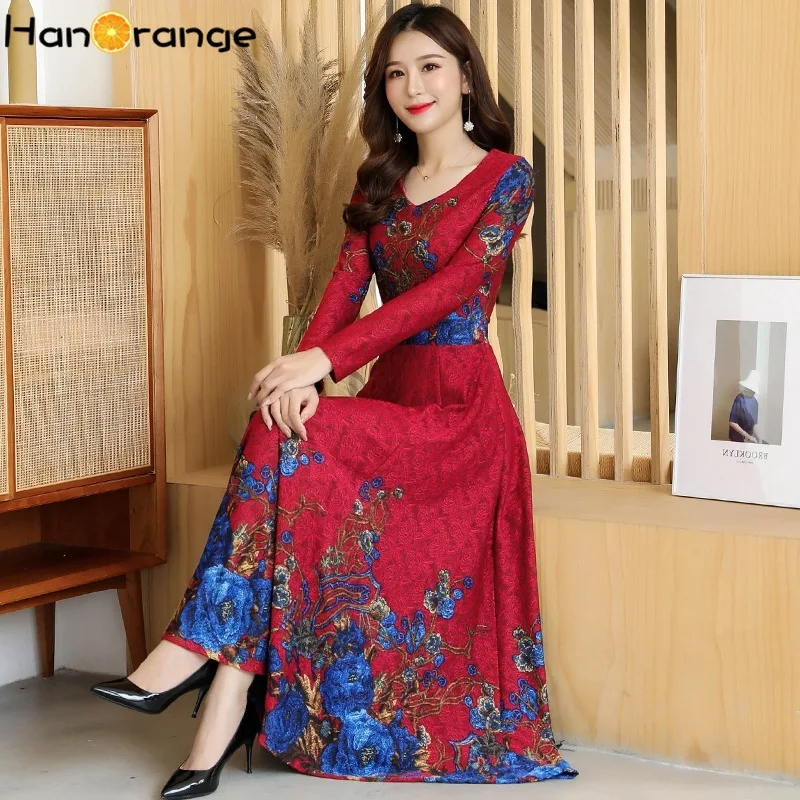 

Autumn Winter 2019 Long Sleeve Temperament Floral Print Dress Slim Waist Plus Size