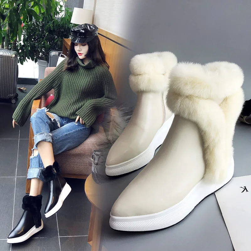 

Really Rabbit Fur Snow Boots 2018 Autumn & Winter Pointed-Toe Thick Bottomed Slugged Bottom Boots Genuine Leather Semi-high Heel