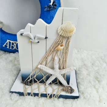 

Pen Holder Office Decoration Students Craft Organizer Sea Gull Desk Irregular Fishing Net Shell Wooden Mediterranean Style