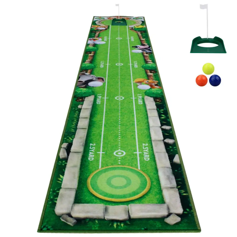 

CRESTGOLF 297*51cm Golf Practice Mat Children's Putting Trainer Green Indoor Golf Hitting Mat with Ruler Easy to Store