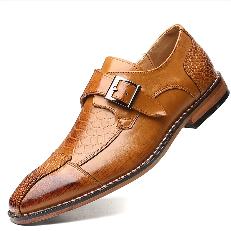 

Men shoes luxury brand Pointed Toe Large size 48 Leather men's shoes Crocodile Pattern Belt buckle Business Man shoes