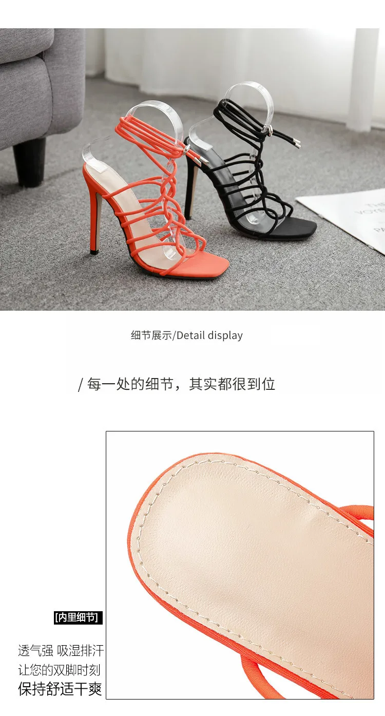 Женская обувь на тонком высоком каблуке; летние женские сандалии в римском стиле для вечеринок; оранжевые босоножки с ремешком на щиколотке; женская обувь на каблуке с открытым носком; большие размеры