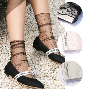 

10 Pairs Pack Thin Mesh Fishnet Women Socks Harajuku Summer Transparent Dot Lace Ankle Frilly Sock