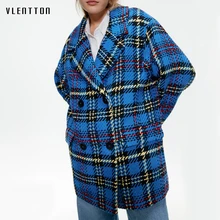 Осень-зима, винтажный клетчатый шерстяной твидовый Длинный блейзер, женский костюм с карманами, пальто, женская верхняя одежда, офисные женские куртки, блейзеры, Feminino