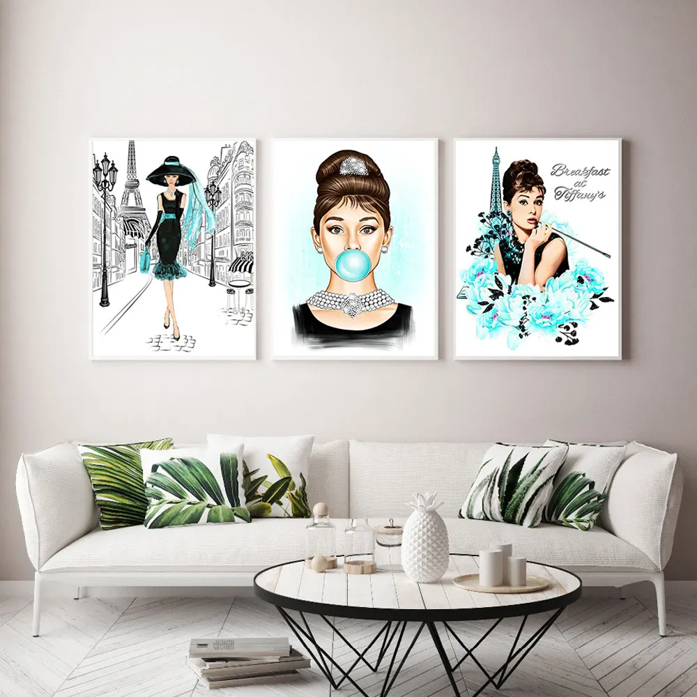 WADPJ Audrey Hepburn Bubble Gum Stars Wall Art Toile Affiches De Mode Imprime Peinture Photos Décor À La Maison-50x70cmx3 pcs sans Cadre