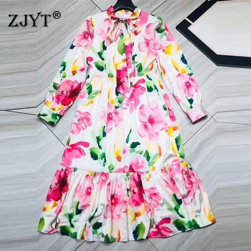 

Spring 2020 New Fashion Runway Dress Women High Quality Full Sleeve Bow Collar Floral Print Ruffles Sweet Party Dresses