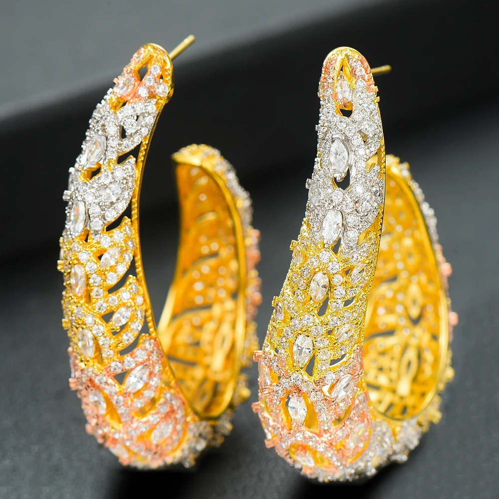

GODKI Luxury Leaves Hoop Earrings For Women Three Tone Color Copper Women High Quality Pave Setting Jewelry