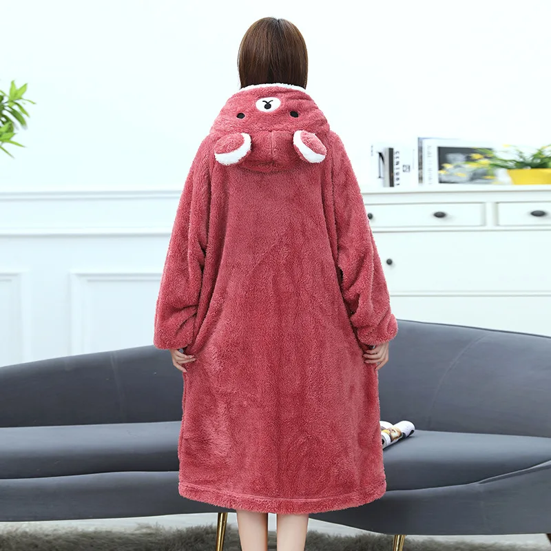 Autumn And Winter Warm Bear Flannel Pajamas Cartoon Sleepwear Long Thicken Bath Robe Women's Soft Fleece Animal Hooded Nightgown