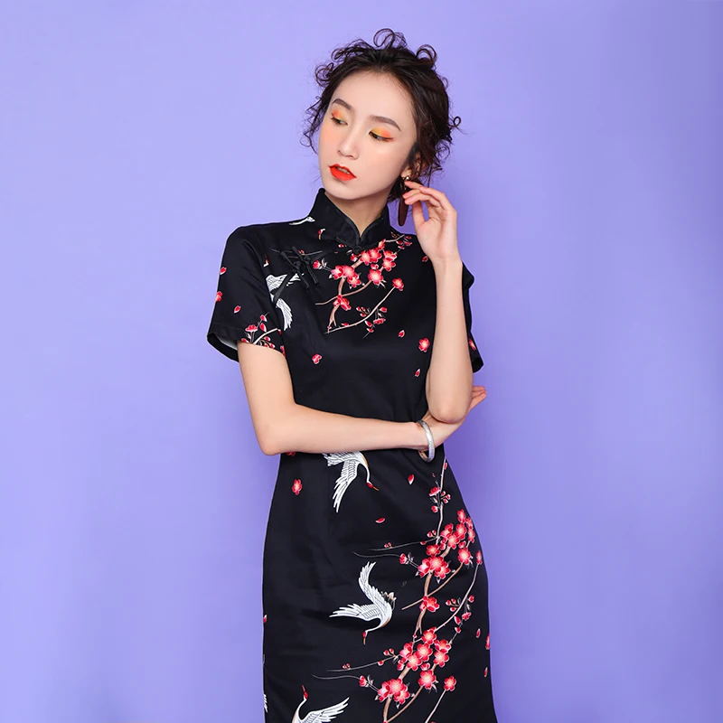 SWEETXUE китайское платье женский шелковый атлас Cheongsam цветочный принт Китайский традиционный Qipao платье воротник стойка раздельное мини-платье
