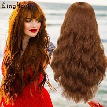 

LingHang Long Wavy Wig Female Brown Gold 18 Colors High Temperature Synthetic Wig Suitable for Black / White Women