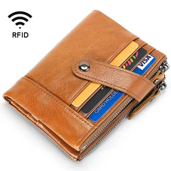 

New Origional High-End Wallet Men's Genuine Leather Small Card Holder Purses Casual Double Zipper RFID Wallet Short Clutch Bag