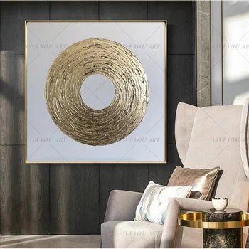 

100% Handmade Golden Round Moon Abstract Painting Modern Art Picture For Living Room Modern Cuadros Canvas Art High Quality