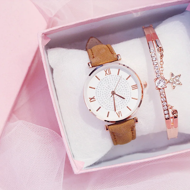 Модные женские кожаные часы повседневные женские кварцевые наручные часы роскошные женские часы Reloj Mujer Elegante - Цвет: watch with bracelet