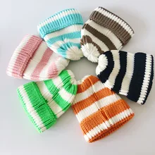 Осень-зима для маленьких мальчиков и девочек, в цветную полоску шерстяная нить для вязания Шапки От 2 до 6 лет Дети, теплый комплект из милых шапочек