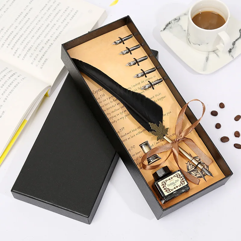 Creative Craft Quill Gift Box Retro Varved Stainless Steel Water Pen+ Pen Holder+ Ink Set Wholesale