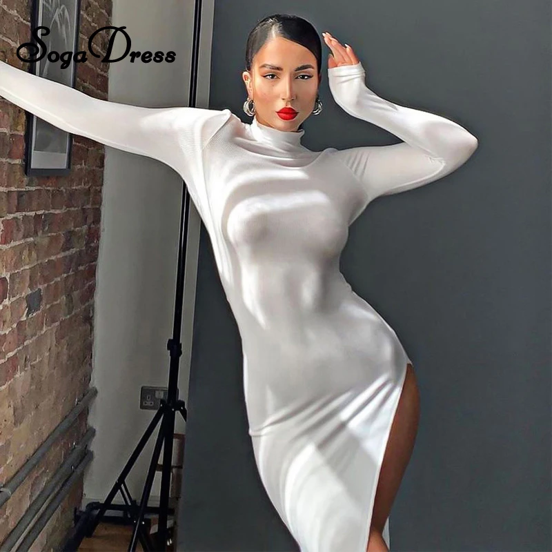 

SOGA DRESS Elegant Sexy Hollow Out White Midi Dress Bodycon Long Sleeve Backless High Split Black 2020 Autumn Women Party Dress