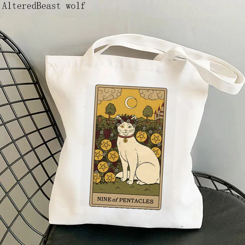 Women Shopper bag Nine of Pentacles cat Tarot Bag Harajuku Shopping Canvas Shopper Bag girl handbag Tote Shoulder Lady Bag