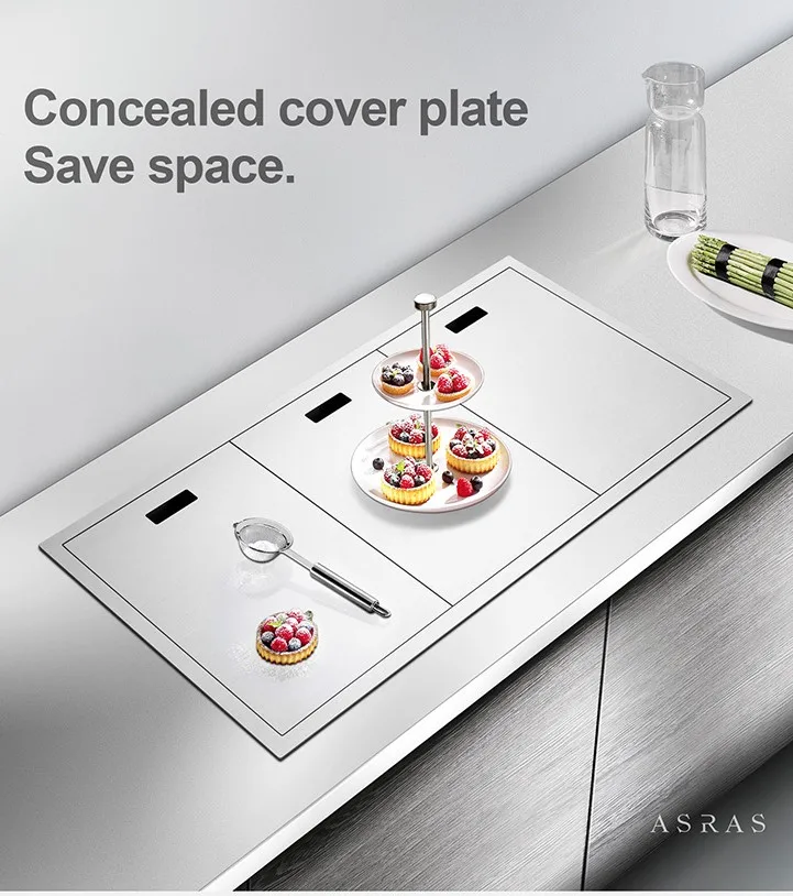 Asras 8243E+3060 SUS304 handmade kitchen sink hidden sink covered lids