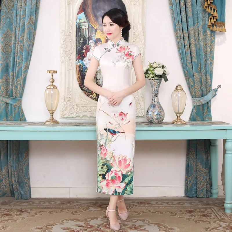 

C0181 Chinese-style Nation Characteristics Double Layer Long Cheongsam High-definition Digital Printing Cheongsam Middle-aged Wo
