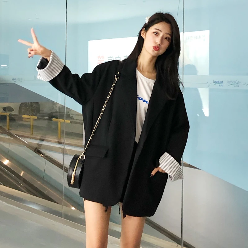 

Simple Vintage Ladies Blazer Black Casual Loose Suit Jacket Long Sleeve Giubbotto Donna Korean Women Jacket Spring New MM60NXZ