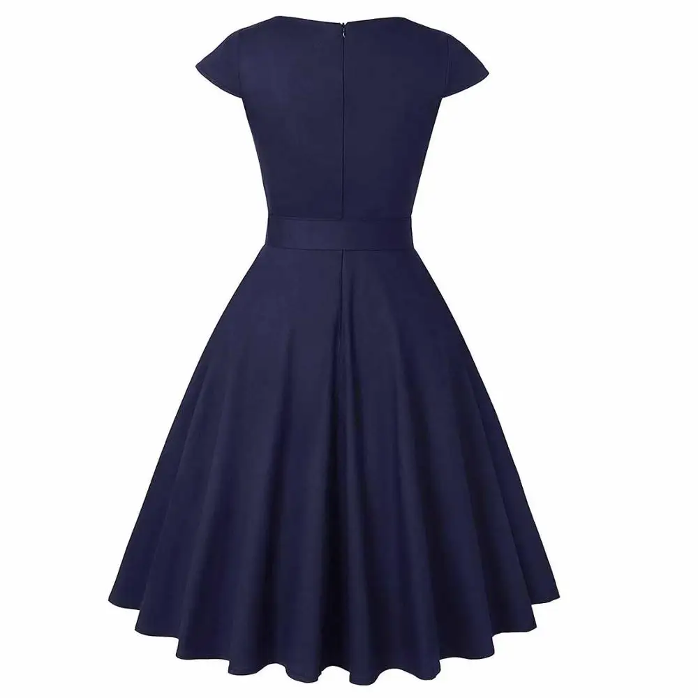 Navy Blue Black Audrey Hepburn Dress V Neck Cotton Short Sleeve 50s 60s 1950s Retro Vintage Big Swing Pinup Rockabilly Dresses