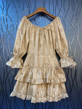 

2020 Early Autumn New Women's Neckline Lace-up Knotted Layer Flounce Stitching Bell Sleeve Dress 722