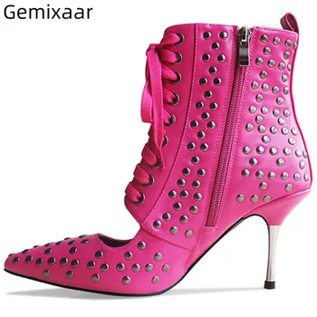 

Genuine Leather Women Boots Point Toe Cut-out Shallow Party Shoes Rose Color Decor Rivet Cross Lace Up Fashion Woman Boots Mujer