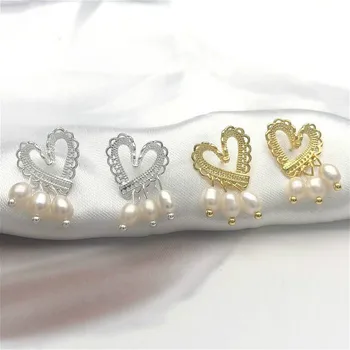 

Natural Freshwater Pearl Stud Earrings For Women Real 925 Sterling Silver Fine Jewelry Gold Heart Shape Earings Fashion 925-742