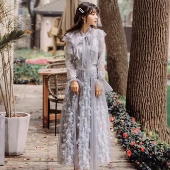 

New Fashion 2020 Autumn 2 Piece Set Women Mesh ruffles Bow tie elegant shirt + Vintage feather pleated long Skirt Set