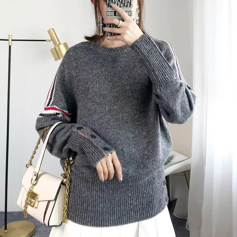 

2019 Autumn New Casual Color Striped Sweater Women Loose Lazy Gray Knitted Sweater Pullovers Sweater Women