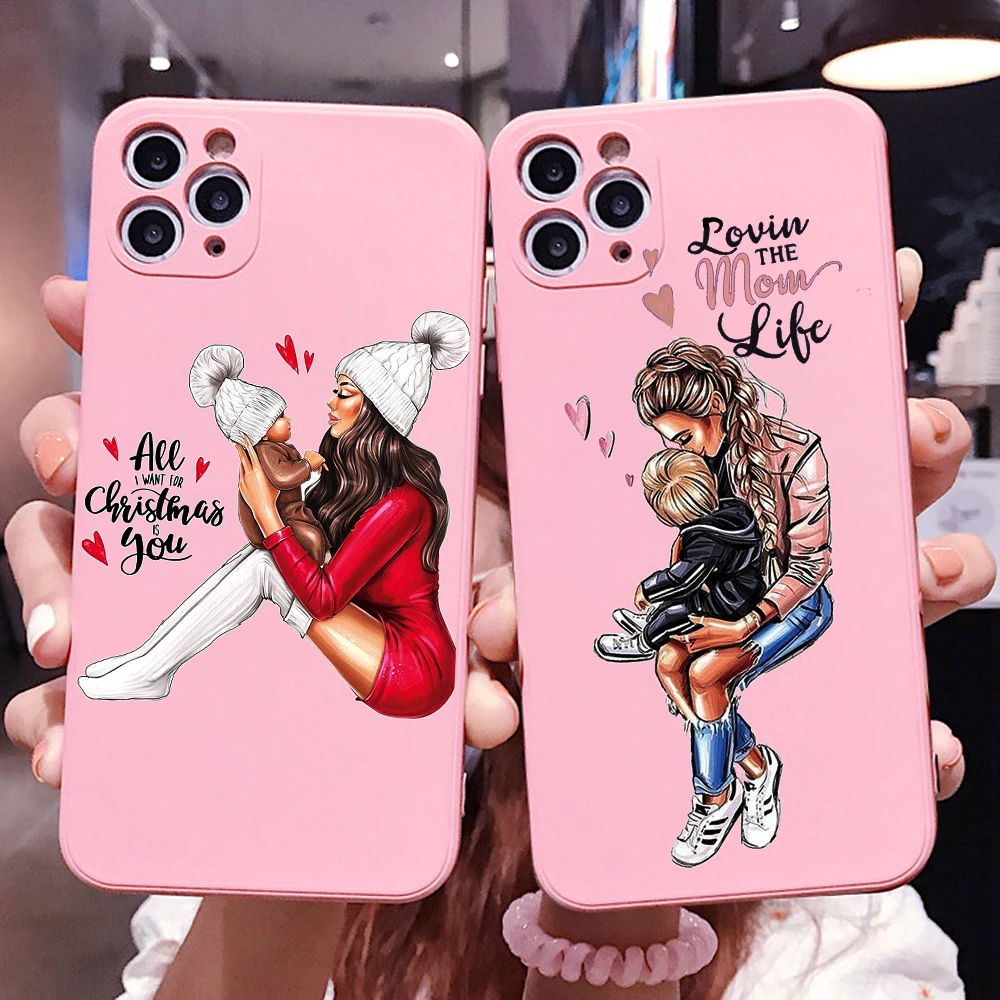PUNQZY Cute MaMa Of Girl Boy And Mom Phone Case For iPhone 13 PRO MAX 12 11 XR 7 6 8 Plus X XS Holiday Gift Soft TPU Shell Cover | Мобильные