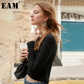 

[EAM] Women Back Brief Temperament Short T-shirt New Round Neck Long Sleeve Fashion Tide All-match Spring Autumn 2020 1K9090