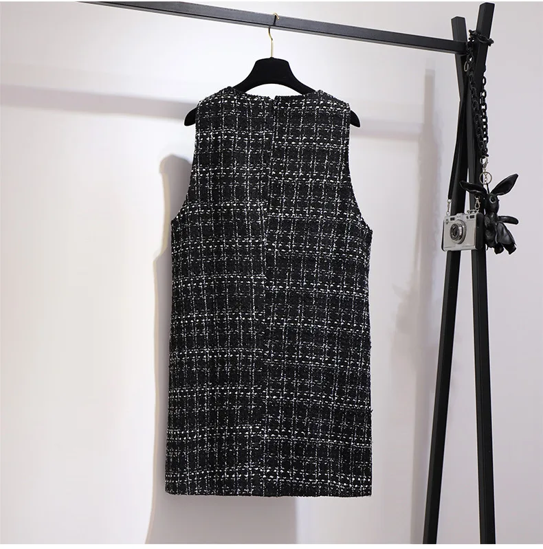 2XL~ 6XL зимний комплект из 3 предметов: пальто, жилет, юбка, женские костюмы, большой размер, модный клетчатый твидовый Блейзер, топ, платье, юбка, наряд B714