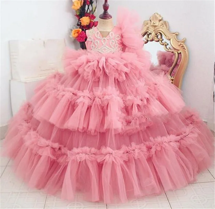 

New Pink Puffy Girls Dresses Tiered Ball Gown V Neck Long Princess Birthday Dress Pageant Gown Kid Size 1-14Y Custom