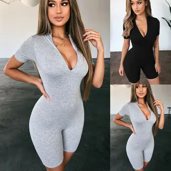 

Women V Neck Stretch Bodycon Zipper Leotard Jumpsuit Tops Romper Shorts Summer Solid Slim Casual Playsuit Jumpsuit Trousers
