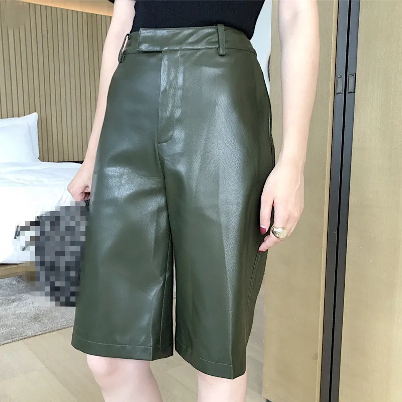 green Широкие брюки из искусственной кожи, женские короткие штаны, женские брюки, Осень-зима, новинка, зеленый, черный - Цвет: green